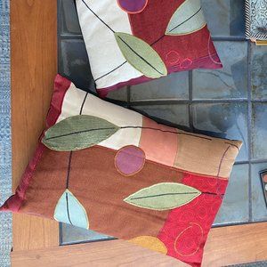 Susan Hill "Orchard Leaves" fiber collage handmade pillows, pair 12x18